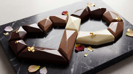 An artful arrangement of faceted chocolates, dark and white, accented with gold leaf and rose petals, rests elegantly on a swirling black marble surface.