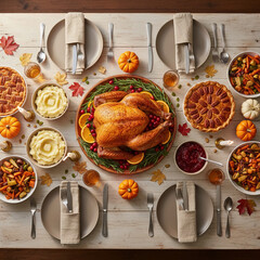 A festive Thanksgiving dinner table with a roasted turkey, autumn sides, pies, pumpkins, and warm seasonal décor. Cozy holiday atmosphere captured in a styled food scene.