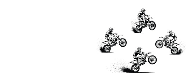 Set of Four Motocross Riders Performing Jumps and Wheelies on Dirt Bikes, Dynamic Action Sport Vector Illustration for Racing Events, Extreme Sports, and Off-Road Adventure. © Enamul