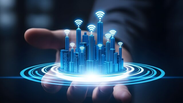Hand holding futuristic city with glowing wifi symbols - Powered by Adobe