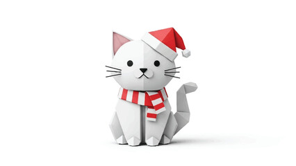 Flat Origami Christmas Cat Mascot Folded Paper Holiday Kitten