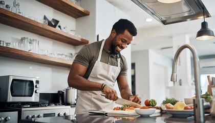 Black man happily cooking a complex meal in a modern well equipped kitchen wearing an apron