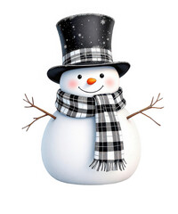 Charming snowman wearing a checkered scarf and top hat, isolated on white background, perfect for holiday celebrations and winter themes. isolated on transparent background