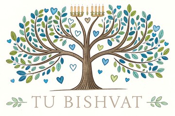 Tu Bishvat Tree Illustration With Hearts, Candles and Colorful Leaves for Celebration and Blessings

