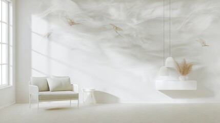 An ethereal space with a white armchair, vase, and cloud decor&mdash;an interior in the spirit of Cloud Dancer.