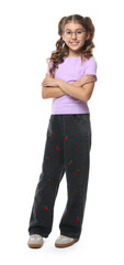 Smiling girl in glasses posing on white background