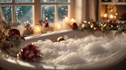 Cozy Christmas bubble bath with warm candlelight, festive pine branches and red ornaments decorating the tub, soft foam filling the bath and a frosted winter window glowing in the background