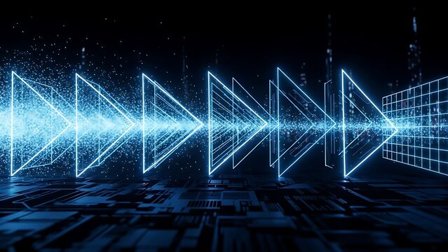 Abstract digital network communication glowing arrows with circuit board background