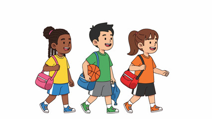 Three happy children walking together, carrying sports bags and a basketball, smiling and ready for activity.