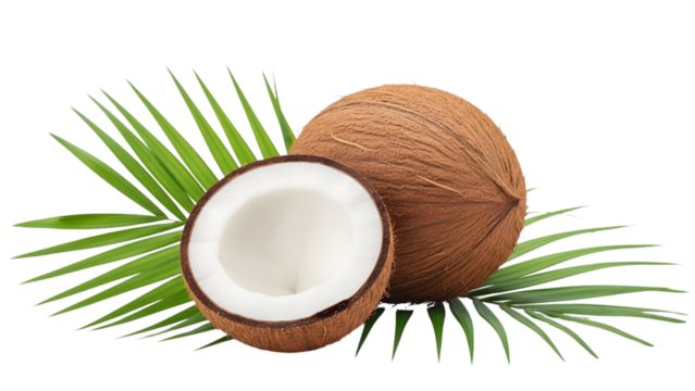 Whole and Halved Coconut with Palm Leaves on White Background graphic (19 isolated on a transparent background