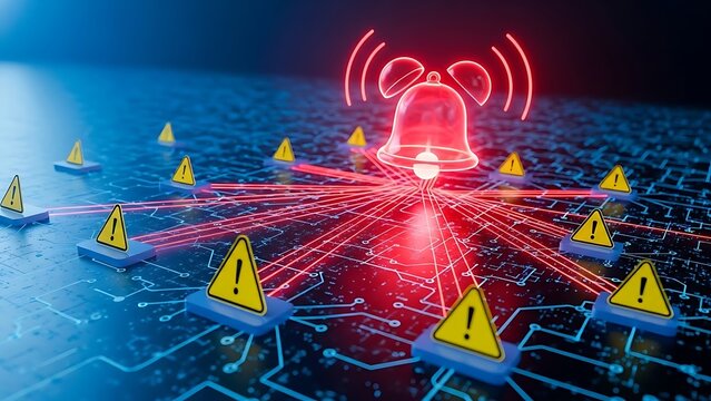 Cyber security alert system with illuminated bell and warning signs