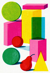 Geometric posters risograph effect. Simple geometry duotone elements, modern graphic background riso print