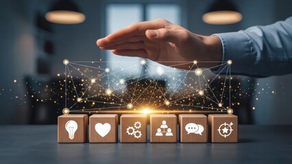 Emotional intelligence and leadership concept. Protective hand above wooden blocks with idea and communication icons representing supportive leadership.
