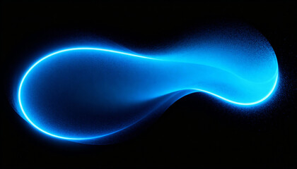 A glowing blue abstract shape floating in a dark black-blue background. Strong futuristic energy, soft neon edges, dynamic movement. Add grainy texture, subtle film noise, and deep gradients