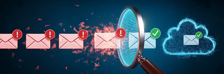 Email security threat detection concept with envelopes magnifying glass and cloud