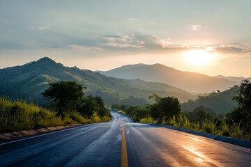 Fototapeta premium Scenic Golden Sunset Over Lush Green Mountain Range Along Asphalt Road with Yellow Line and Cloudy Sky