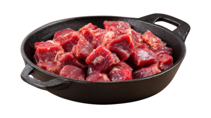 Ready for cooking, Diced Elk meat, raw Game Meat in a pan isolated on a white background