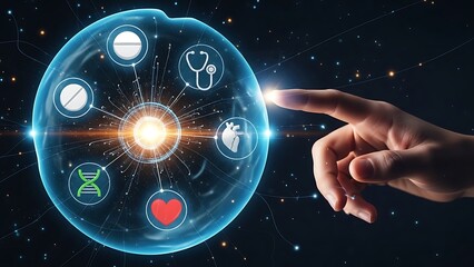 Innovative healthcare technology hand touching digital interface with medical icons