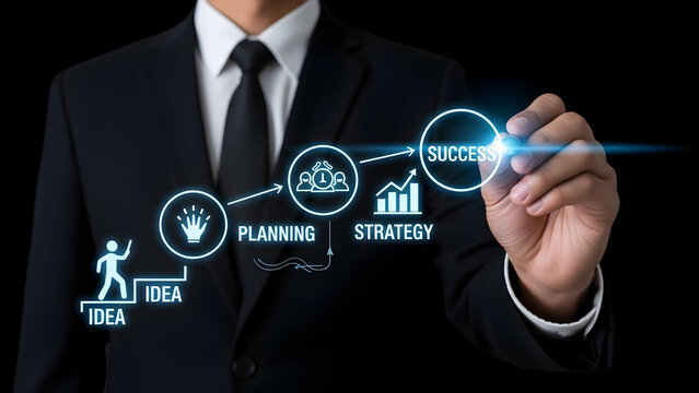 Professional businessman charting path to success with innovative ideas, strategic planning, and dynamic growth in modern business environment