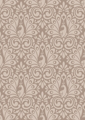 Obraz premium Brown Damask peacock Seamless Pattern vector for elegant designs, classic Damask Seamless Pattern for wallpaper, Fabric, Branding, Packaging, Invitations, Wedding, Home Decor Design.