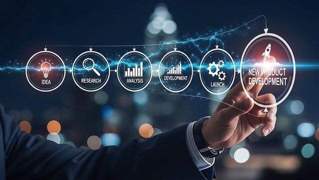 New product development process steps touching screen with business suit