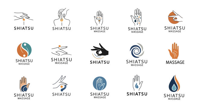 Collection of Shiatsu Massage Logo Designs Featuring Hands and Energy Points for Wellness