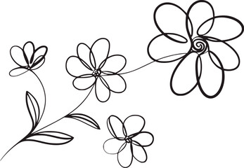 Fototapeta premium Black line art flowers on white background floral