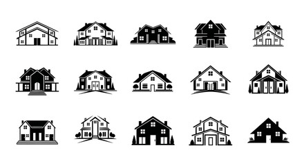 Naklejka premium Monochrome collection of various house icon vectors, suitable for real estate and home design