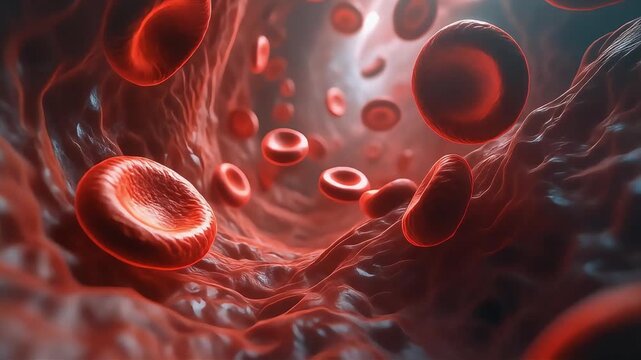 Fast-paced red blood cell flow inside a narrow vein, ultra-sharp micro-camera movement for education