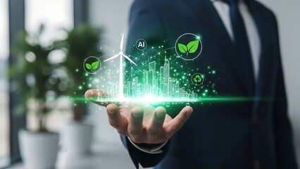 Sustainable city concept held in hand with wind turbine and icons