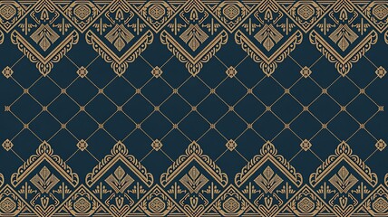 Intricate geometric damask pattern with ornate tribal motifs in gold and beige on a dark blue background
