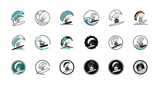 Collection of diverse kitesurfing logo designs featuring stylized waves and vibrant colors for