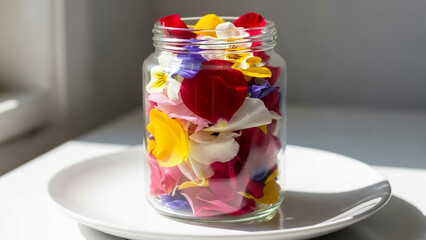 Flower petals in jar aesthetic photography colorful floral arrangement art