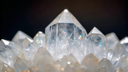 Macro view of clear quartz crystal cluster with shimmering facets