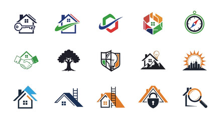 Diverse collection of house and real estate logo designs for branding and identity