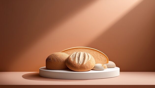 bread with podium display on minimal background representing food groceries lifestyle nutrition wellness and bakery concept