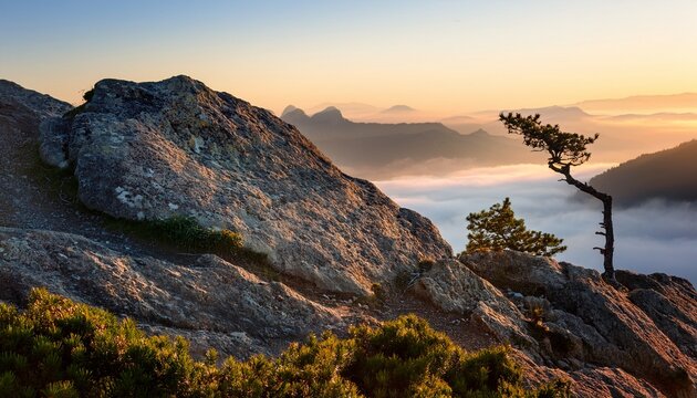 rocky peak lone tree misty mountains at dawn - Powered by Adobe