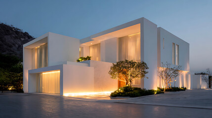 Cloud dancer modern architecture residential design luxury home exterior at dusk showcase colour of the year 2026