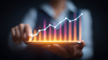 Person interacting with glowing financial graph on smartphone hand
