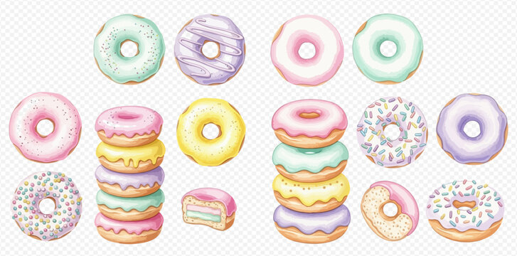 A collection of watercolor pastel donuts with various frostings and sprinkles, including stacks and individual pieces on a transparent background.