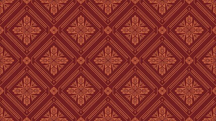Intricate geometric repeating pattern with diamond shapes and ornate floral motifs in warm earthy tones
