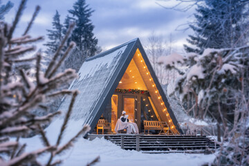 Winter vacation in a wonderful house by the forest. A woman drinks hot chocolate or coffee in...