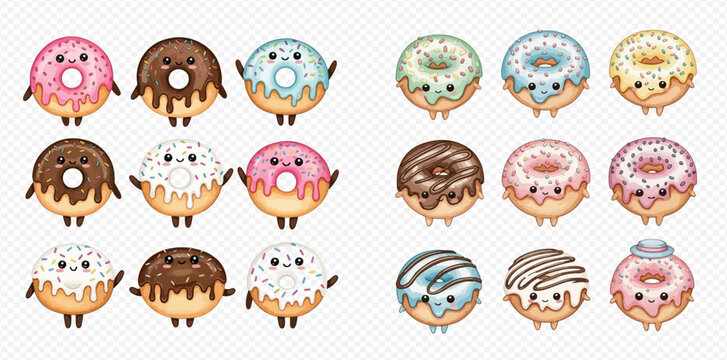 A collection of cute cartoon donuts with various colorful frostings and sprinkles, featuring adorable faces and tiny limbs.