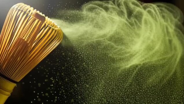 Matcha whisk chasen dispersing green powder cloud