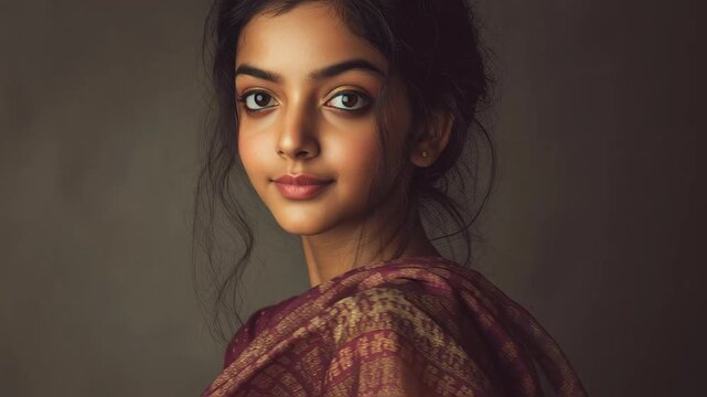 Serene Portrait of a Young Woman in Traditional Attire with Gentle Gaze and Soft Lighting