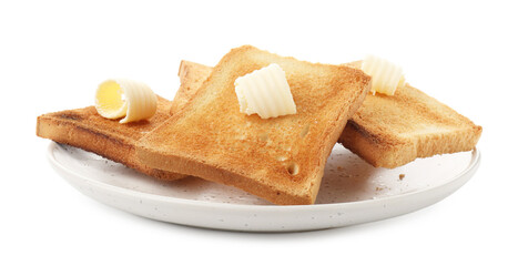 Slices of toasted bread with butter isolated on white