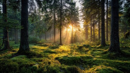 Naklejka premium A serene forest scene with sunlight filtering through tall trees, illuminating lush green moss and undergrowth.