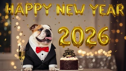 Funny English Bulldog in tuxedo celebrating Happy New Year 2026 with gold balloons and cake.