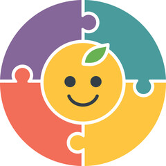 Colorful circular puzzle logo with smiling fruit character in center, modern flat vector design for education, wellness, teamwork and branding