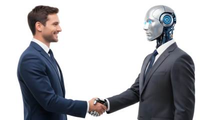 Businessmen shaking hands with a sophisticated robot, symbolizing technological collaboration